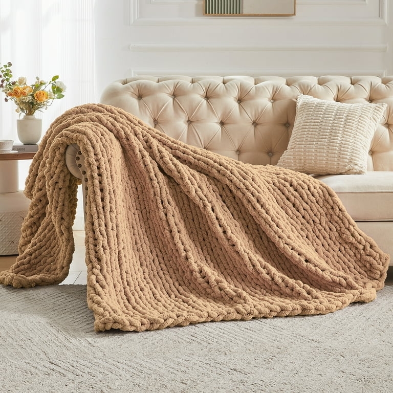 Throw Blanket Tan Braided Texture Chunky Knit Boho Style Yarn