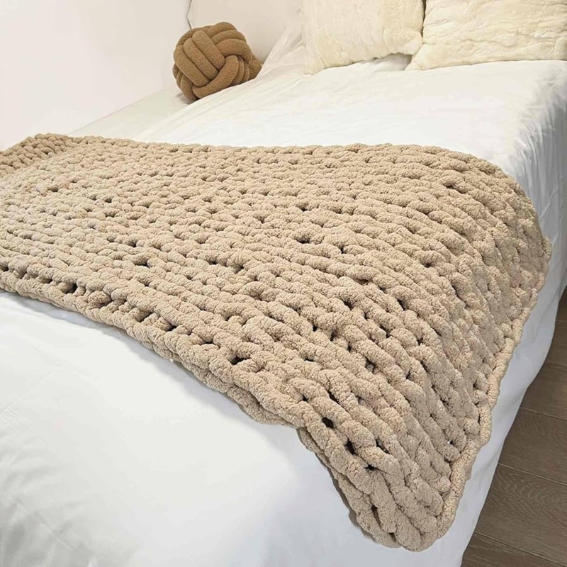 Throw Blanket Tan Chenille Oversized Chunky Knit Soft Texture Hygge