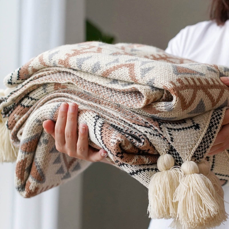 Throw Blanket Tan Diamond Knit Pattern Oversized Tassels Boho Decor