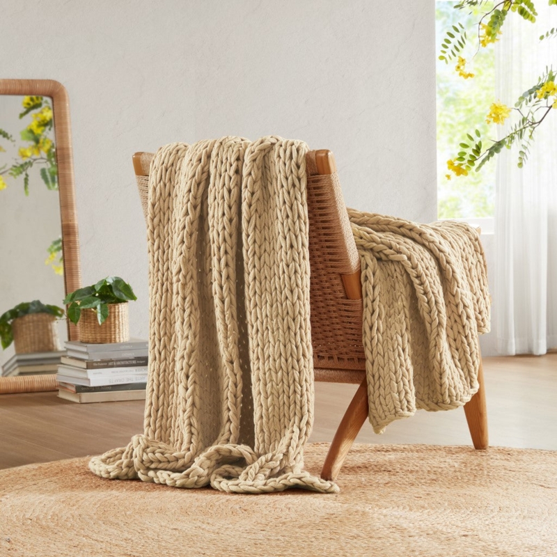 Throw Blanket Tan Hand-knit Appearance Oversized Loops Cozy Accent
