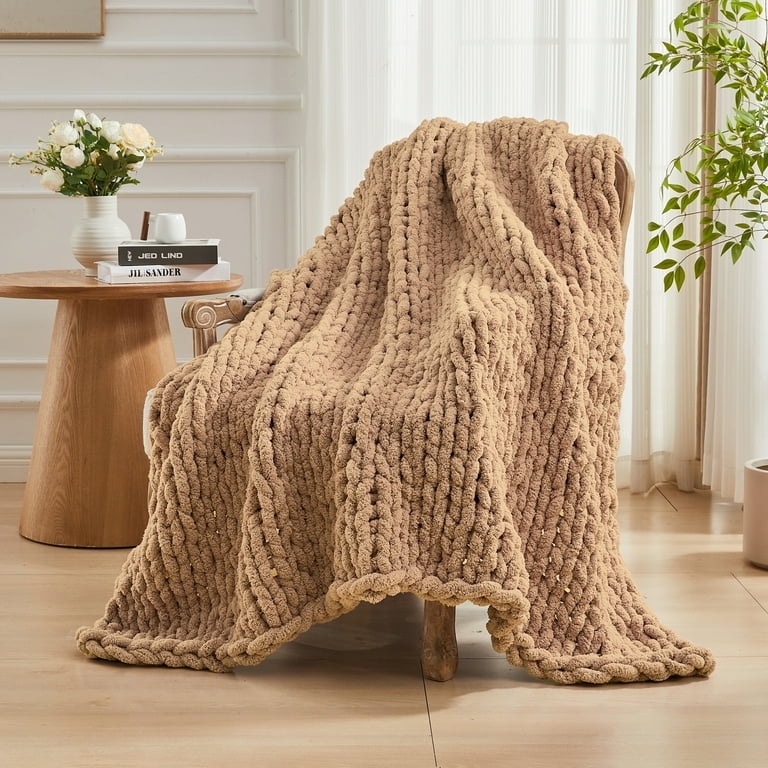 Throw Blanket Tan Oversized Weave Hand Knit Look Woven Throw