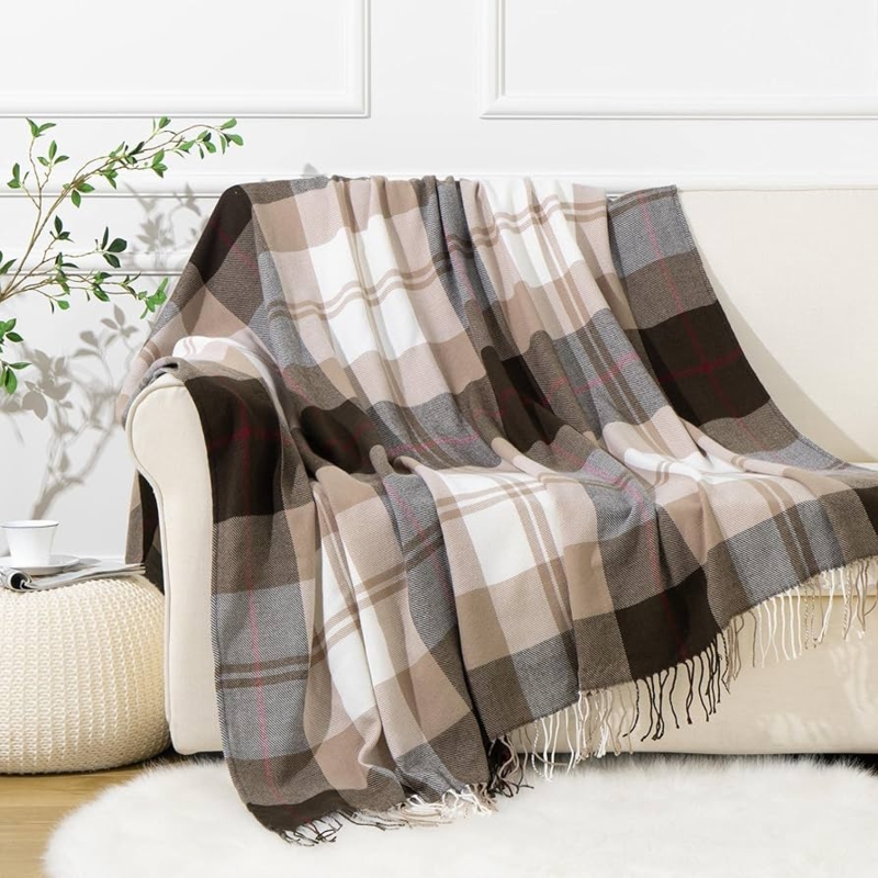 Throw Blanket Tassel Fringe Buffalo Plaid Coffee Brown Woven