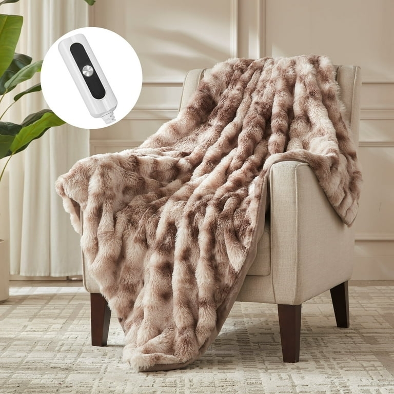 Throw Blanket, Taupe Embossed Faux Fur, Sherpa Lined, Digital Remote.