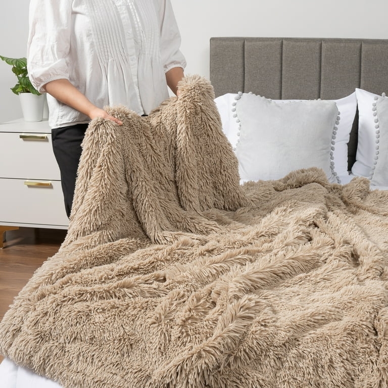 Throw Blanket Taupe Faux Fur with Sherpa Lining, Plush and Warm
