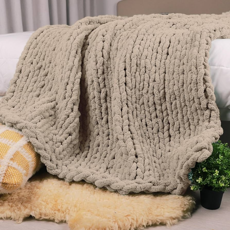 Throw Blanket Taupe Oversized Loops Hand Woven Look Chunky
