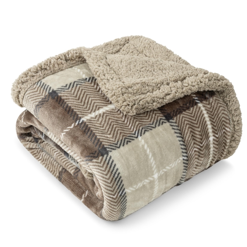Throw Blanket Taupe Plaid Reversible Sherpa, Modern Farmhouse Style