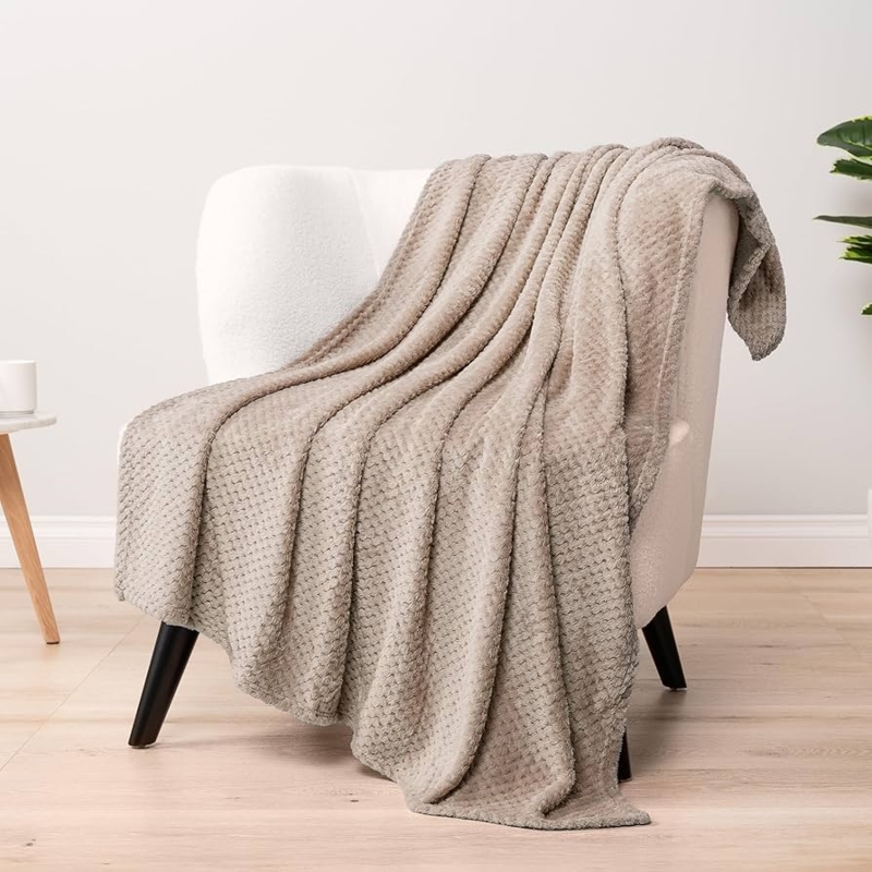 Throw Blanket Taupe Waffle Weave Soft Fleece Neutral Sofa Accessories