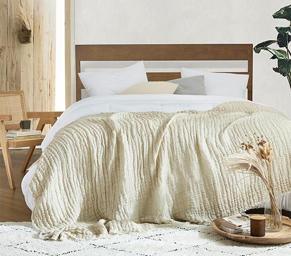 Throw Blanket Taupe Woven Linen Like Fabric with Fringed Edges