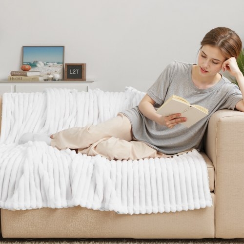 Throw Blanket, Teal Fleece with Ribbed Channels for Modern Sofas
