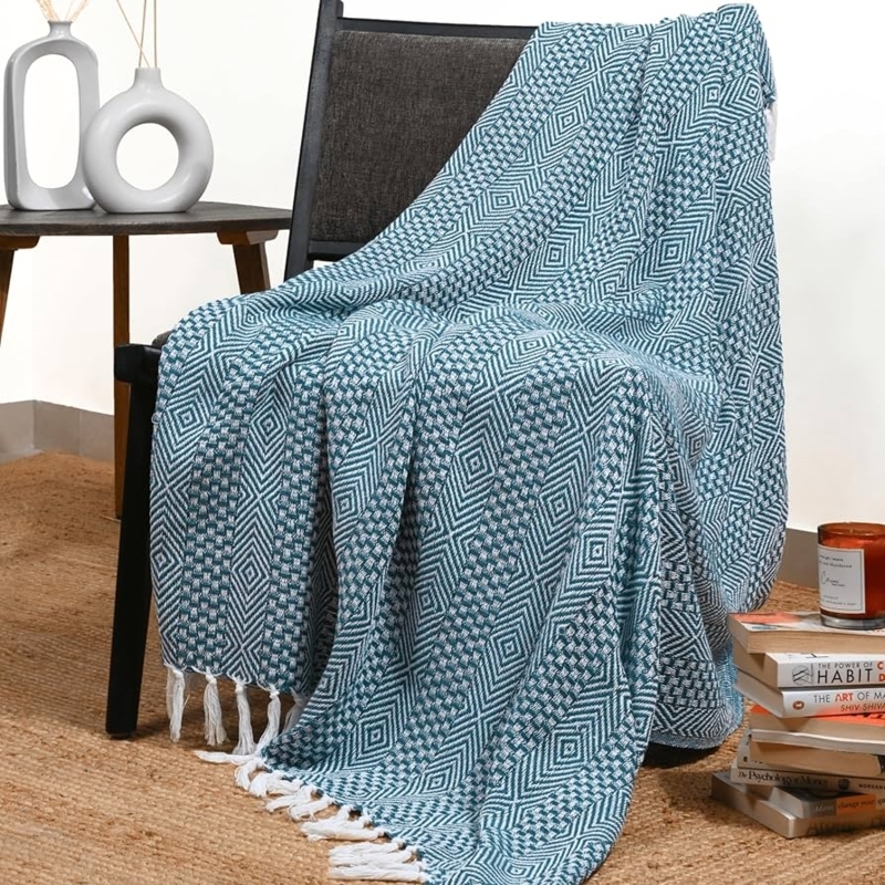 Throw Blanket Teal Geometric Weave Knotted Tassels Rustic