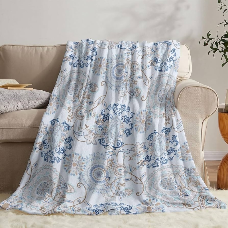 Throw Blanket Teal Paisley Floral Design Fleece Texture Bohemian Cozy