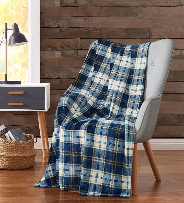 Throw Blanket Teal Plaid Cream Brown Woven Fringed Farmhouse
