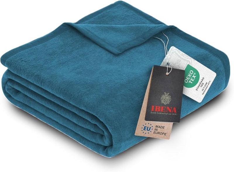 Throw Blanket Teal Plush Velvety Texture with Blanket Stitch