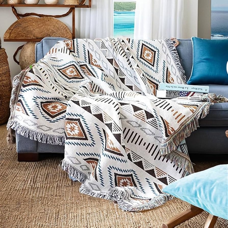 Throw Blanket Terracotta Aztec Print Fringed Tassels Boho Styling