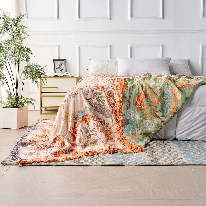 Throw Blanket Terracotta Botanical Print Woven Cotton Tasseled