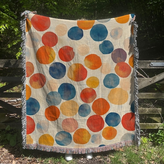 Throw Blanket Terracotta Orange Oversized Polka Dots Woven Fringe
