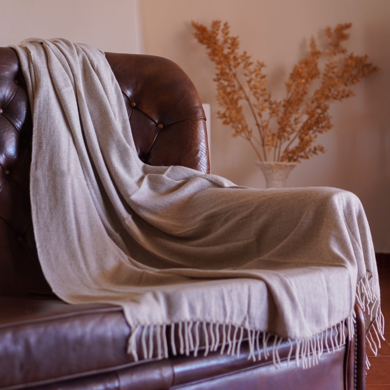 Throw Blanket, Tobacco Brown Checkered Cashmere Merino Blend with Fringe