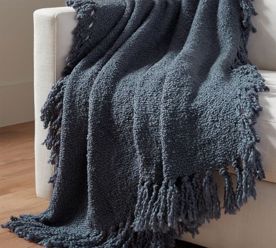 Throw Blanket, Tonal Blue Waffle Weave with Fringed Edges