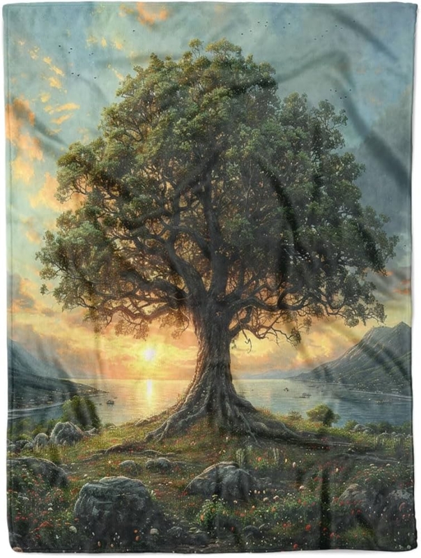 Throw Blanket Tree of Life Motif Plush Fleece Autumnal Earth Tones