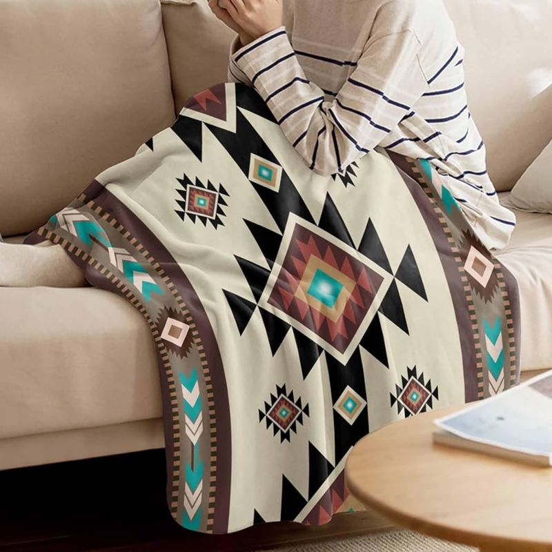 Throw Blanket Tribal Geometric Fleece Tassels Navy Deep Red