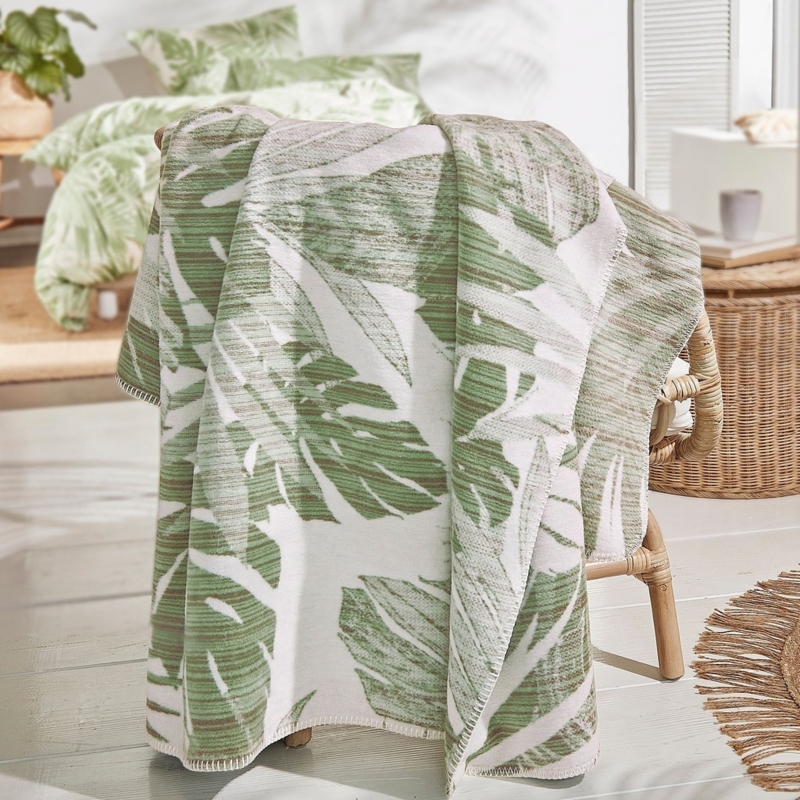 Throw Blanket Tropical Palm Leaf Print Teal Botanical Accent