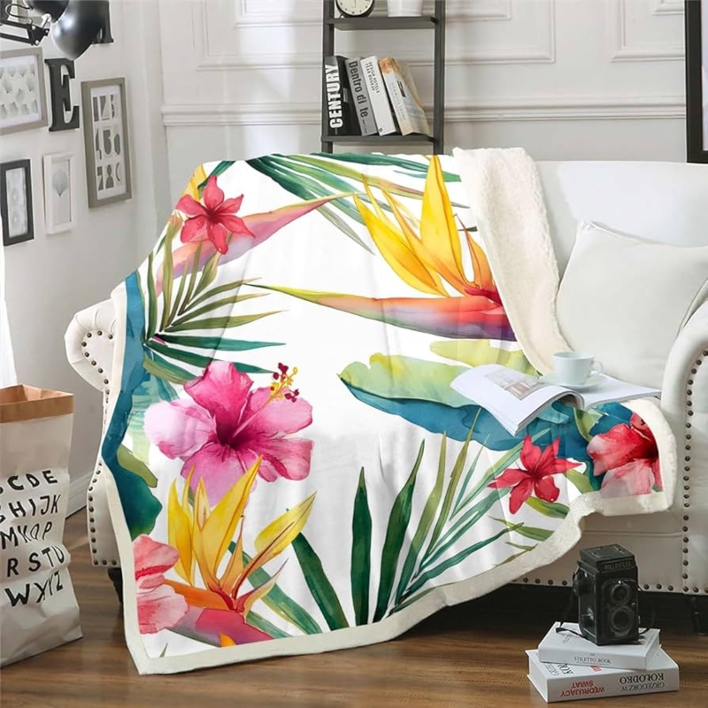 Throw Blanket Tropical Watercolor Hibiscus Design Sherpa Lined Reverse
