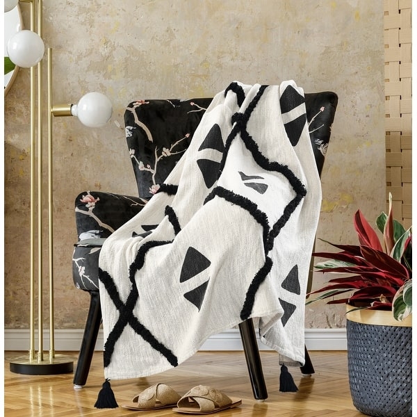 Throw Blanket Tufted Diamond Pattern Knotted Fringe Cream Boho Decor