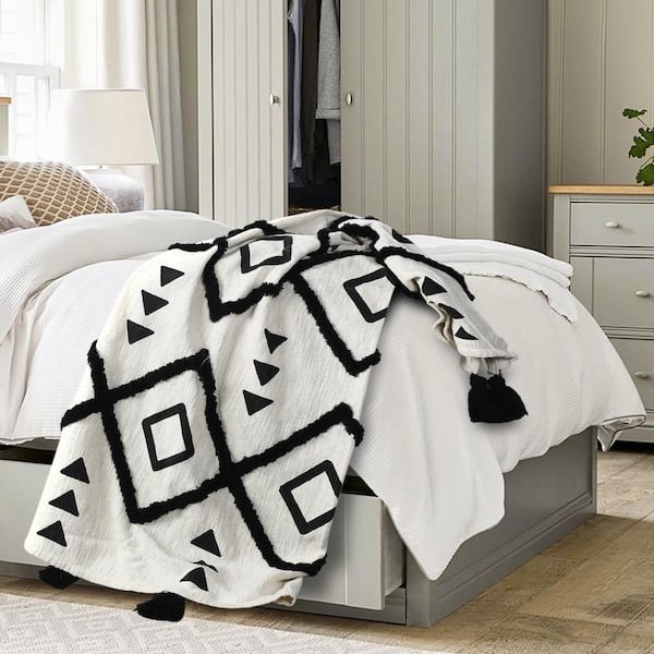 Throw Blanket Tufted Double Diamond Cream Cotton Oversized Tassels Boho