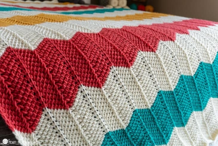 Throw Blanket: Tunisian Crochet Chevron in Neutral Tri-Color for Farmhouse