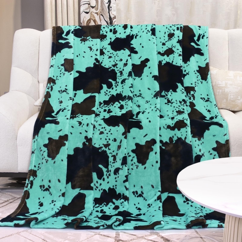 Throw Blanket, Turquoise Cow Print Pattern, Plush Fleece, Rustic Decor