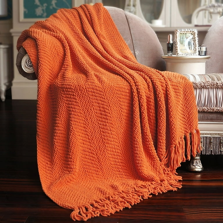 Throw Blanket Tweed Knit Texture Tasseled Fringe Burnt Orange Rustic