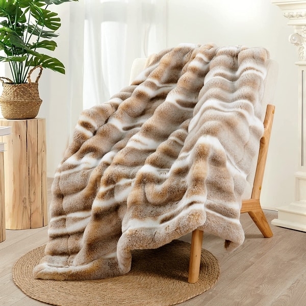 Throw Blanket Two Tone Tip Dyed Faux Fur Cream Beige Cozy Styling Accent