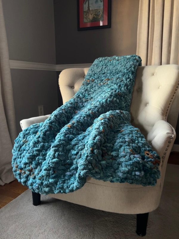Throw Blanket, Variegated Blue-Green Chunky Knit, Oversized Texture