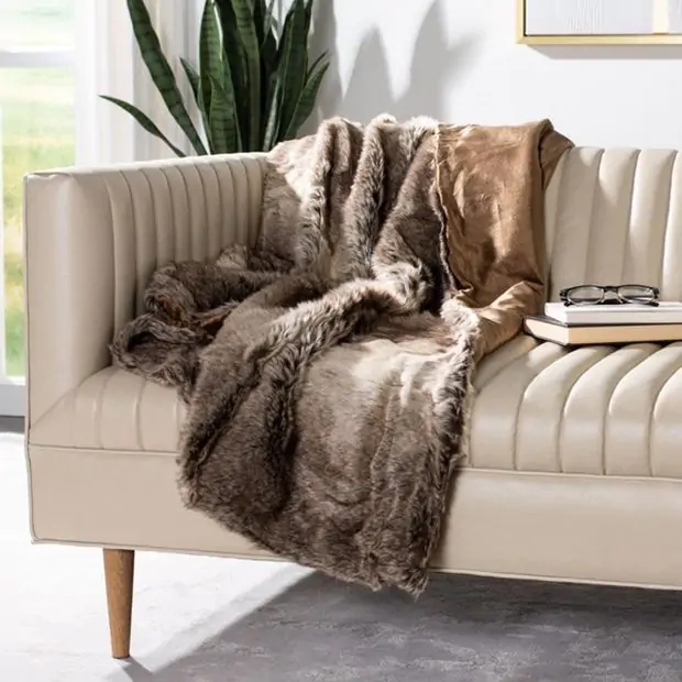 Throw Blanket Variegated Gray Faux Fur Plush Sofa Styling