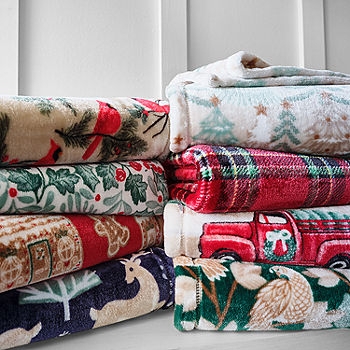 Throw Blanket Velvet Plush Texture Sleigh and Reindeer Print Decor