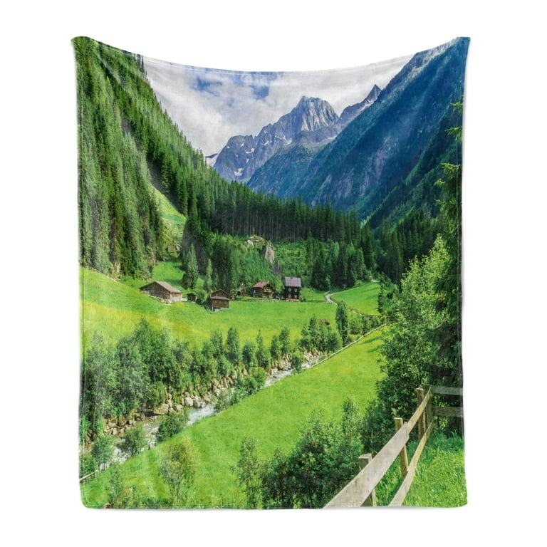 Throw Blanket Vibrant Alpine Village Illustration Fleece Rustic