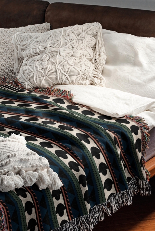 Throw Blanket Vibrant Blue Orange Green Geometric Eyelash Fringe