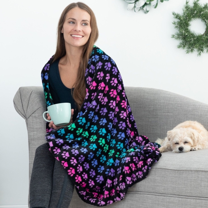 Throw Blanket, Vibrant Rainbow Paw Prints on Navy Fleece, Lightweight