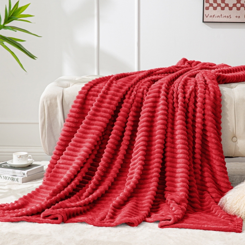 Throw Blanket, Vibrant Red 3D Ribbed Jacquard, Plush Fleece