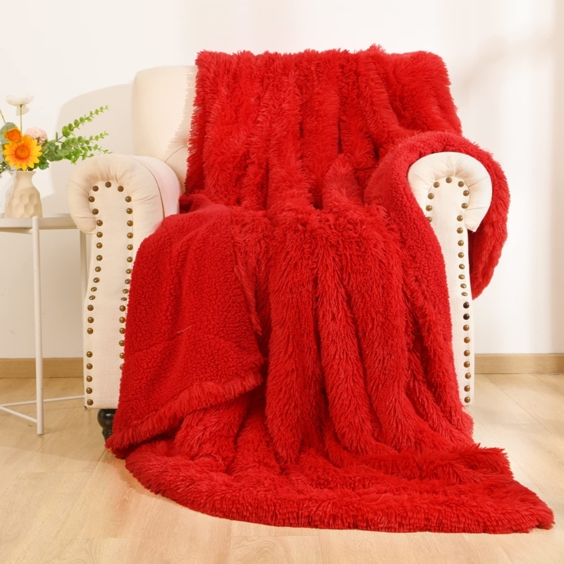 Throw Blanket, Vibrant Red Faux Fur, High-Pile Shag, Sherpa Lining