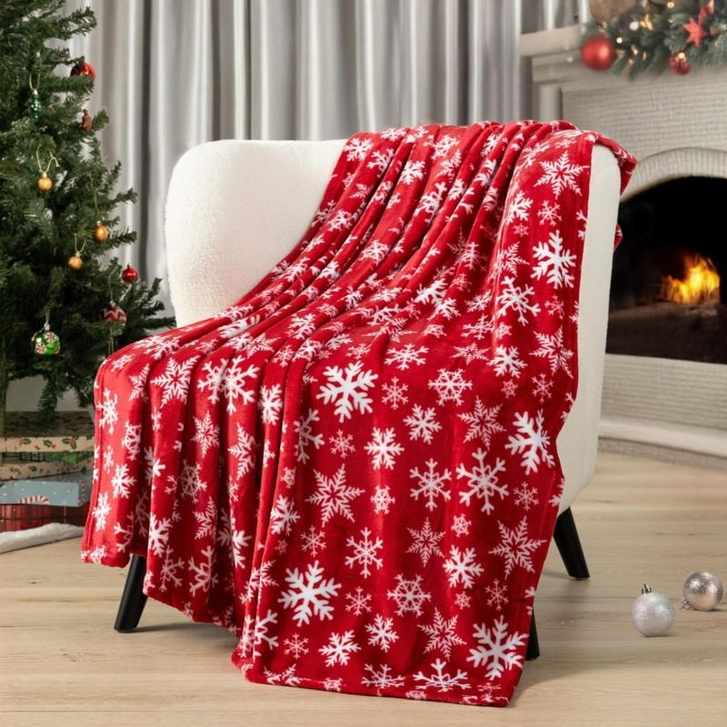 Throw Blanket Vibrant Red Snowflake Pattern Plush Holiday Decor