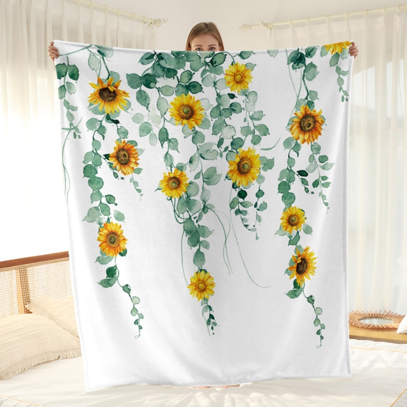Throw Blanket Vibrant Sunflower Print Modern Farmhouse Cream Base