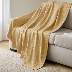 Throw Blanket Vibrant Yellow Honeycomb Weave Folded Hem Modern