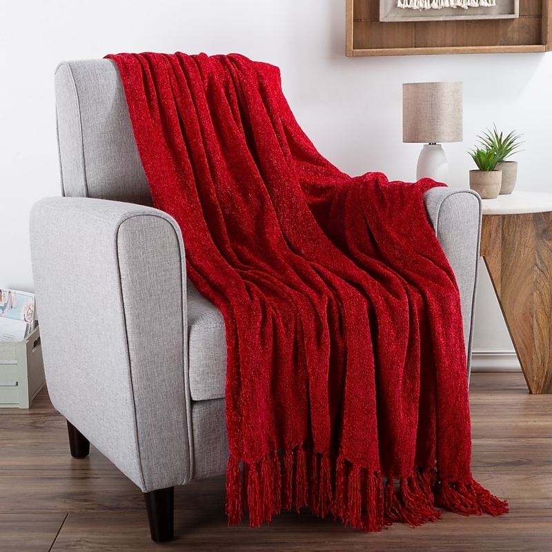 Throw Blanket, Vineyard Red Chenille Chunky Cable Knit, Oversized