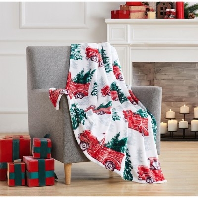 Throw Blanket Vintage Truck Pattern Snowy Tree Motif Plush Farmhouse