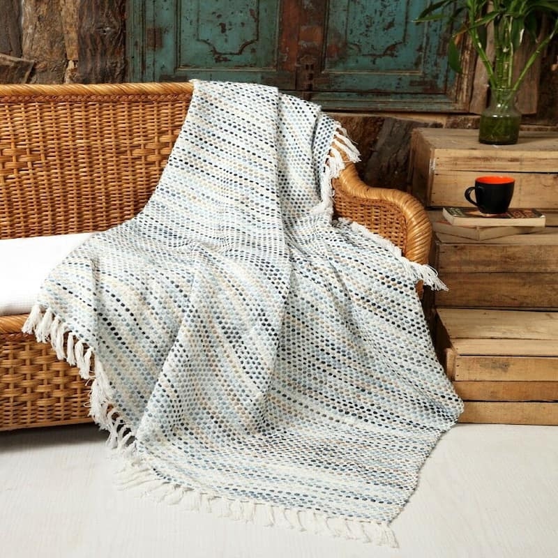 Throw Blanket Waffle Weave Navy Blue Stone Wash Coastal Bedding