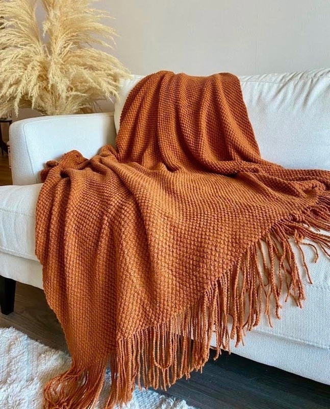 Throw Blanket Waffle Weave Tasseled Fringe Burnt Orange Boho Bedroom