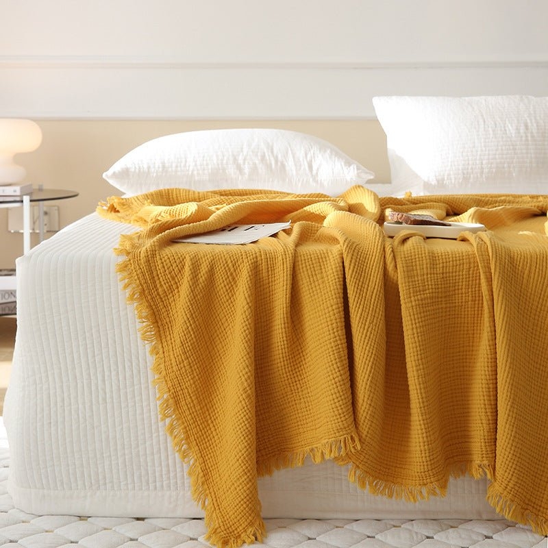Throw Blanket, Waffle Weave, Tasseled Fringe, Lightweight, Mustard