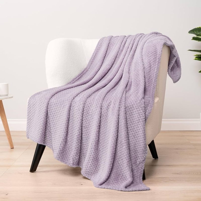 Throw Blanket, Waffle Weave Texture Fleece, Soft Lavender Cozy Decor