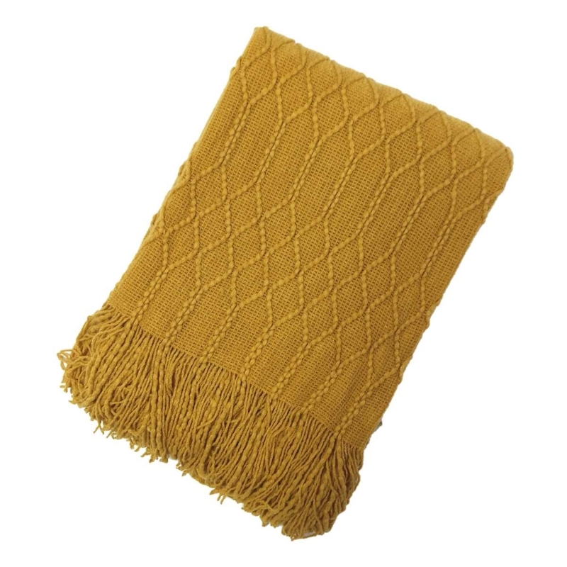 Throw Blanket, Waffle Weave, Twisted Fringe, Mustard Yellow